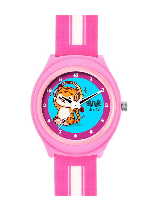 Kids’ Blue Dial Analog Watch with Pink Case & Tiger Print Silicone Strap - JJ238