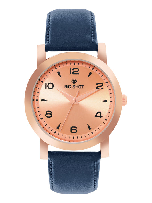 Men’s Rose Gold Dial Analog Watch with Navy Blue Leather Strap - BSM005E