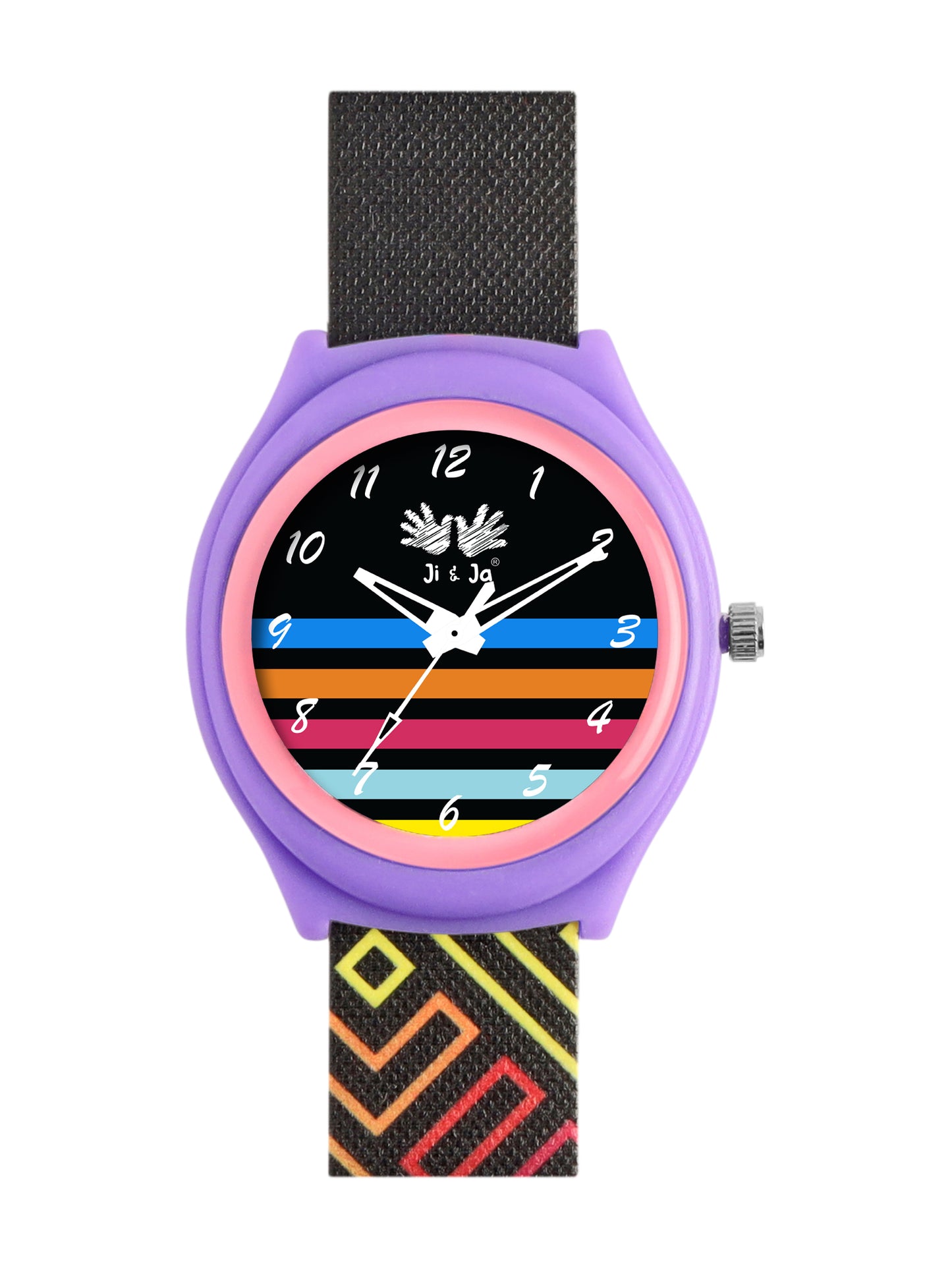 Kid’s Black Dial Analog Watch with Multicolor Stripes & Patterned Silicone Strap - JJ235