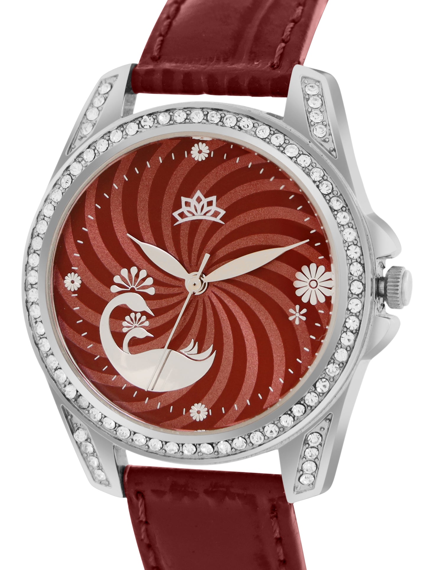 Women’s Elegant Red Dial Analog Watch with Crystal Bezel & Leather Strap - D009C