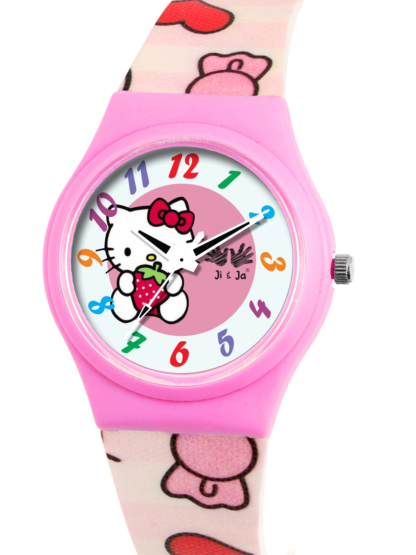 Kids’ Pink Dial Analog Watch with Cartoon Kitty Silicone Strap - JJ209