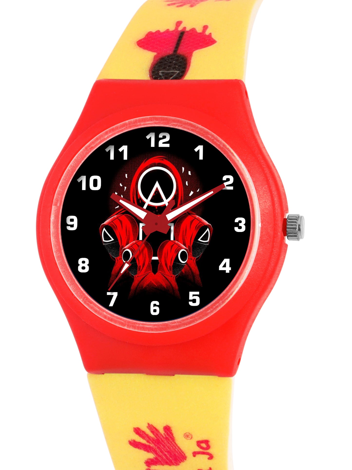 Kids’ Black Dial Analog Watch with Red Case and Yellow Printed Silicone Strap - JJ211