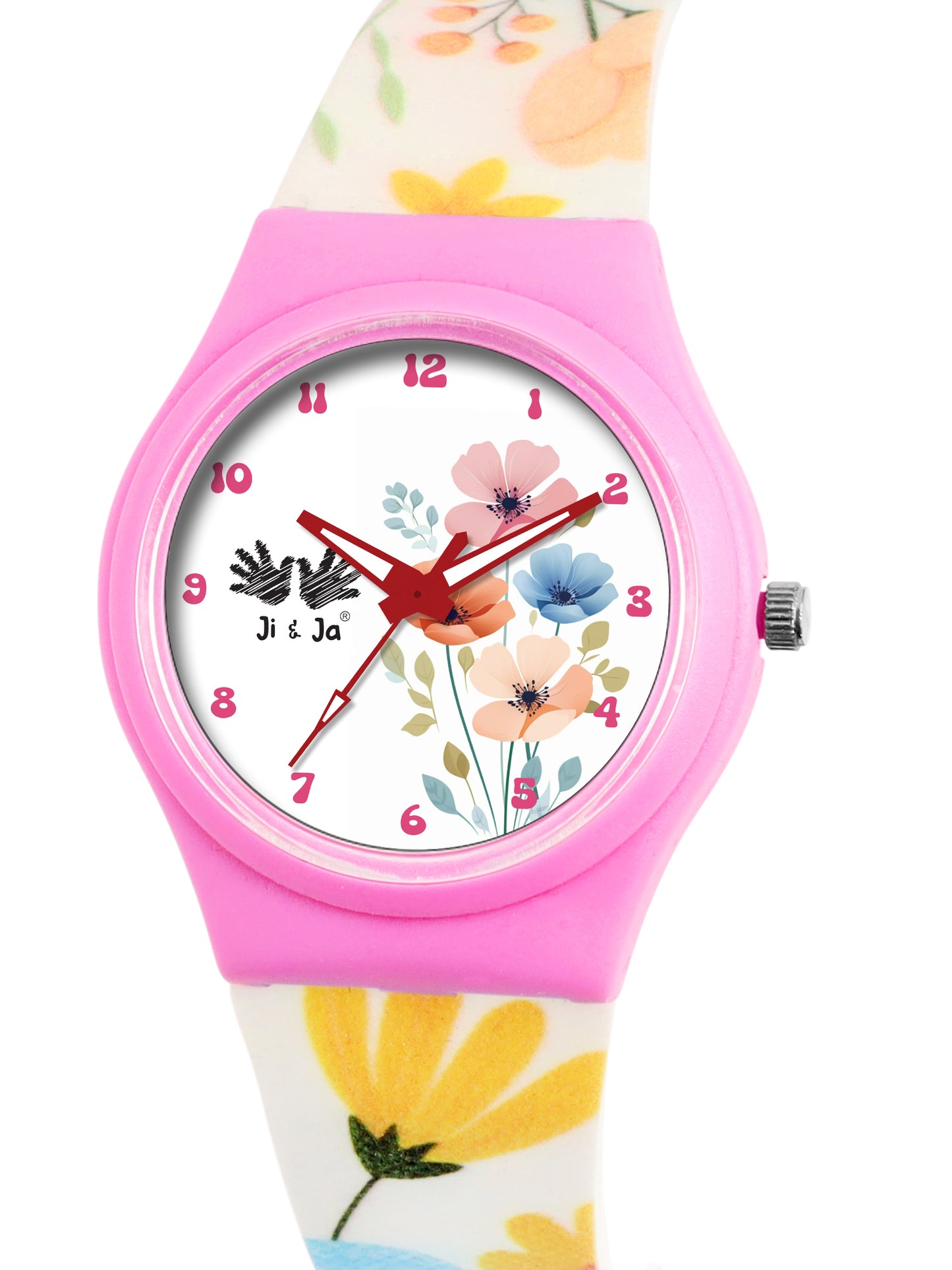 Kids’ White Dial Analog Watch with Floral Silicone Strap & Pink Case - JJ218