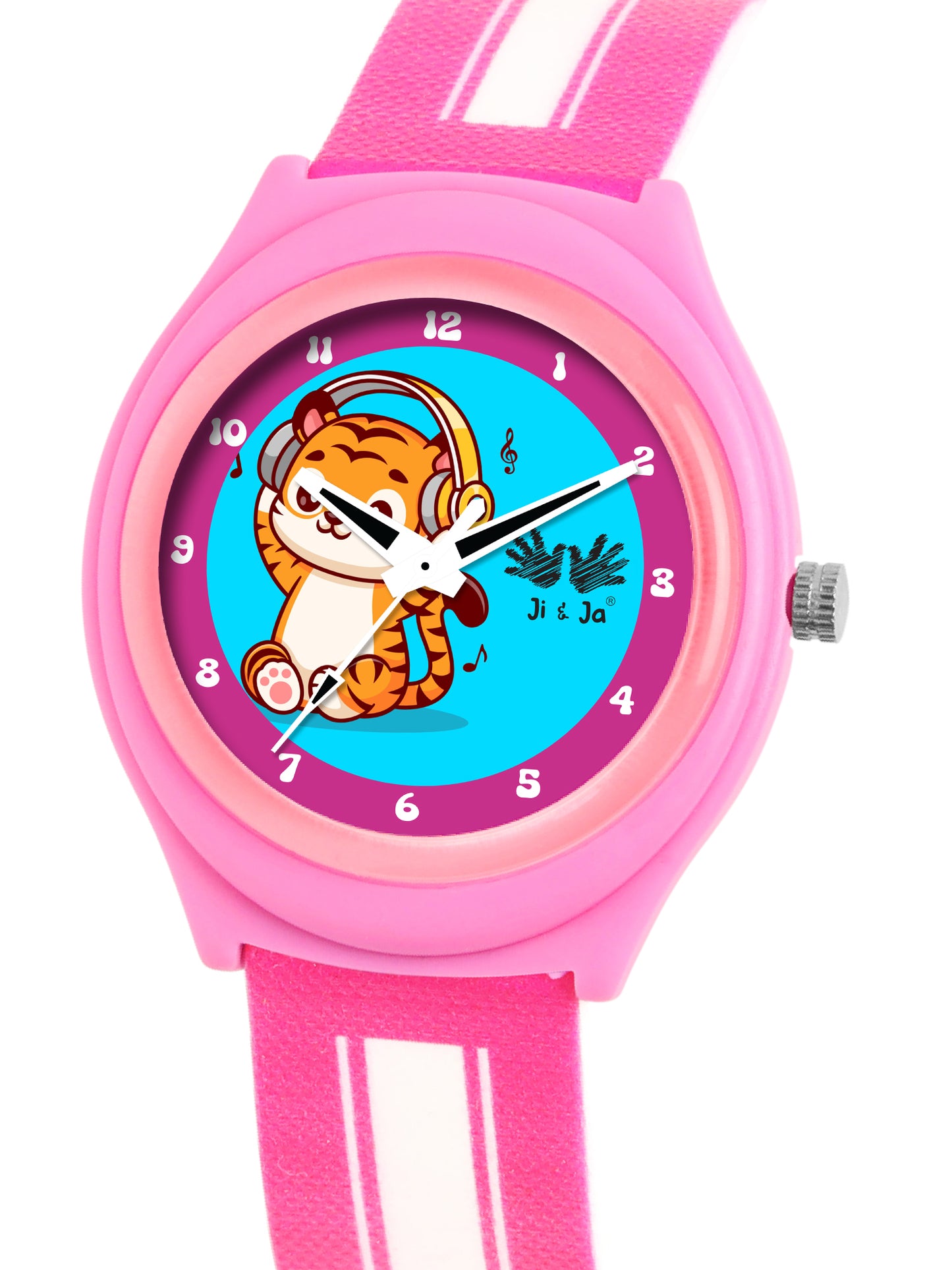 Kids’ Blue Dial Analog Watch with Pink Case & Tiger Print Silicone Strap - JJ238
