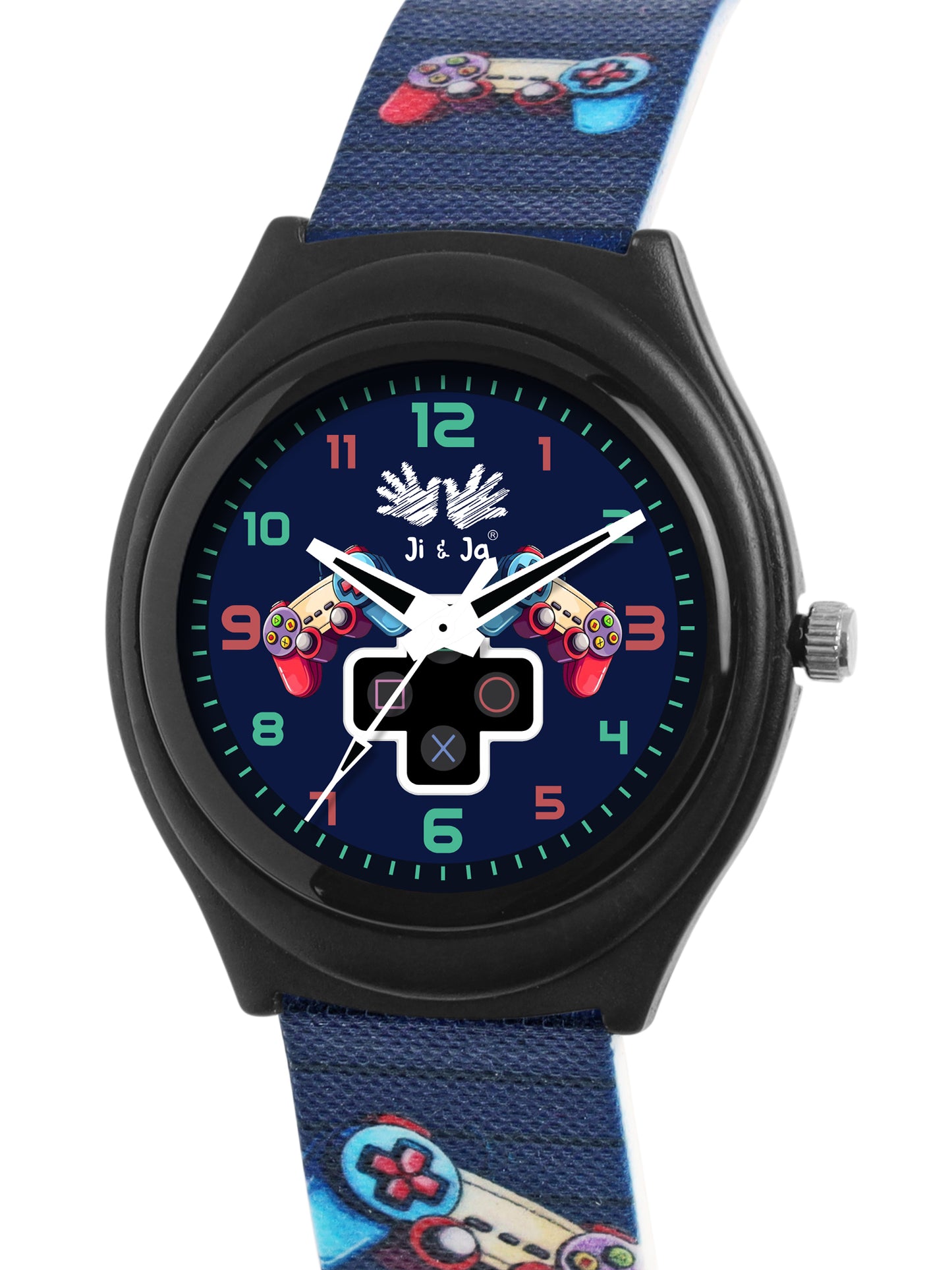 Kids’ Black Dial Analog Watch with Gaming Print Silicone Strap and Black Case - JJ202