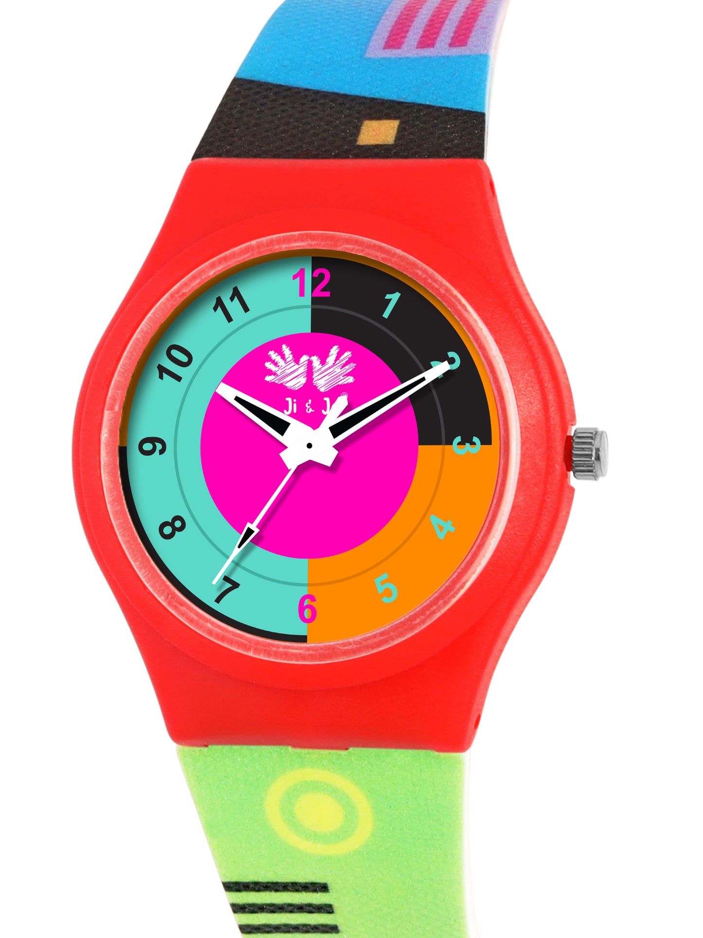 Kids’ Red Dial Analog Watch with Multicolor Silicone Strap - JJ210