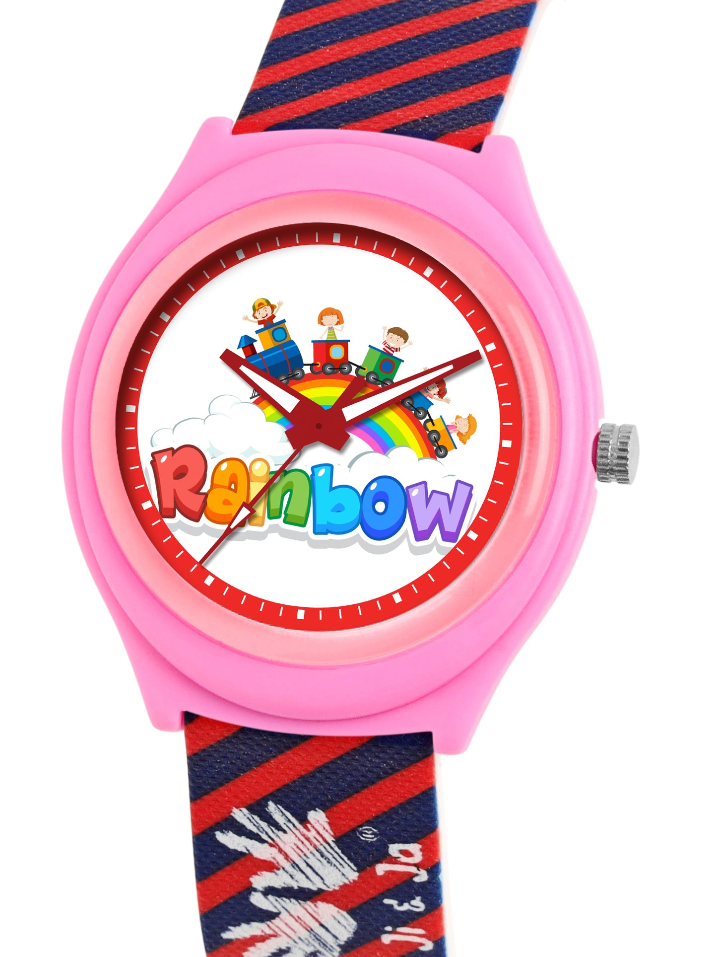 Kids’ Rainbow Theme Analog Watch with Pink Case and Striped Strap - JJ226