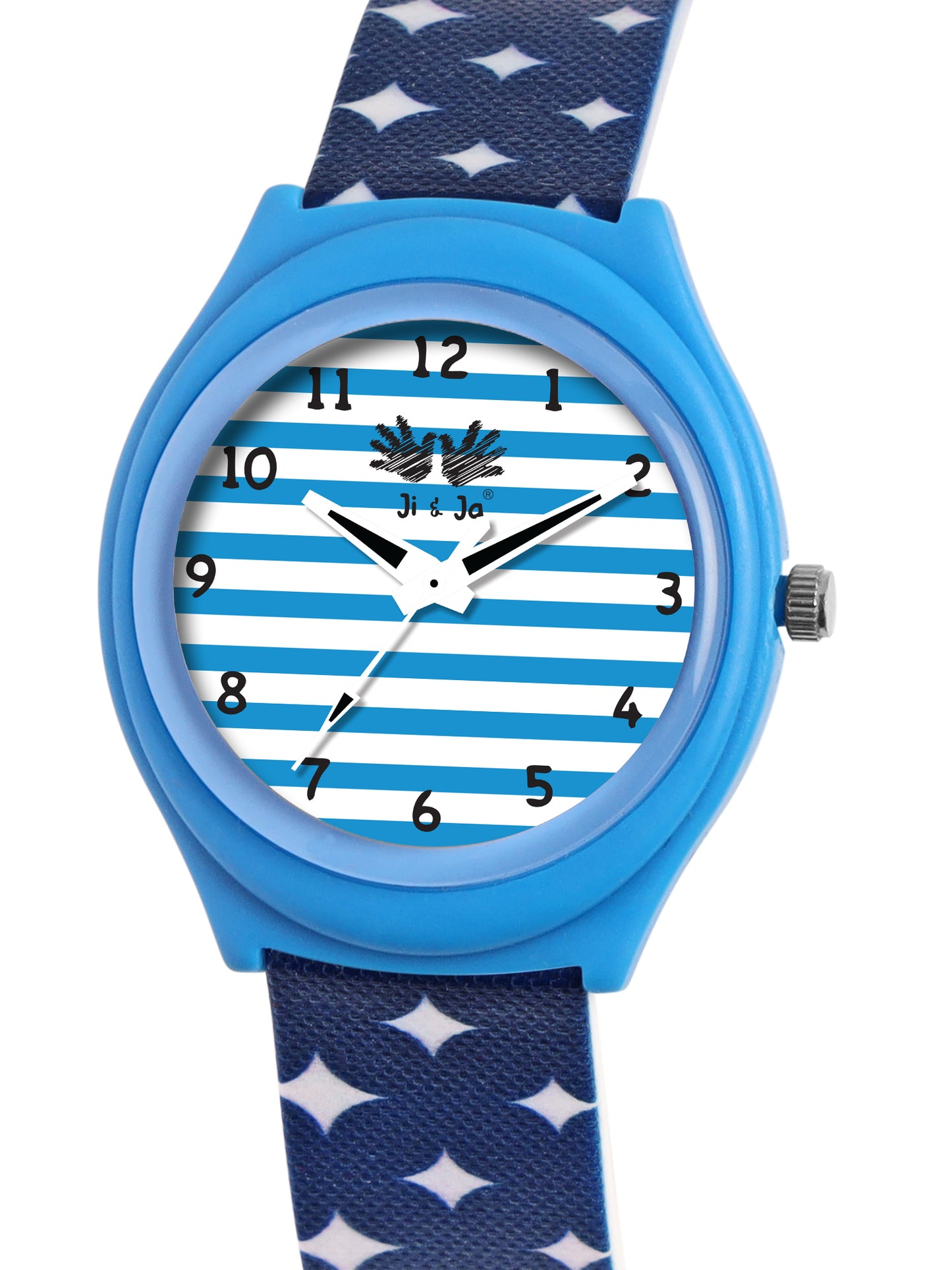 Kid’s White & Blue Striped Dial Analog Watch with Blue Case & Printed Silicone Strap - JJ230