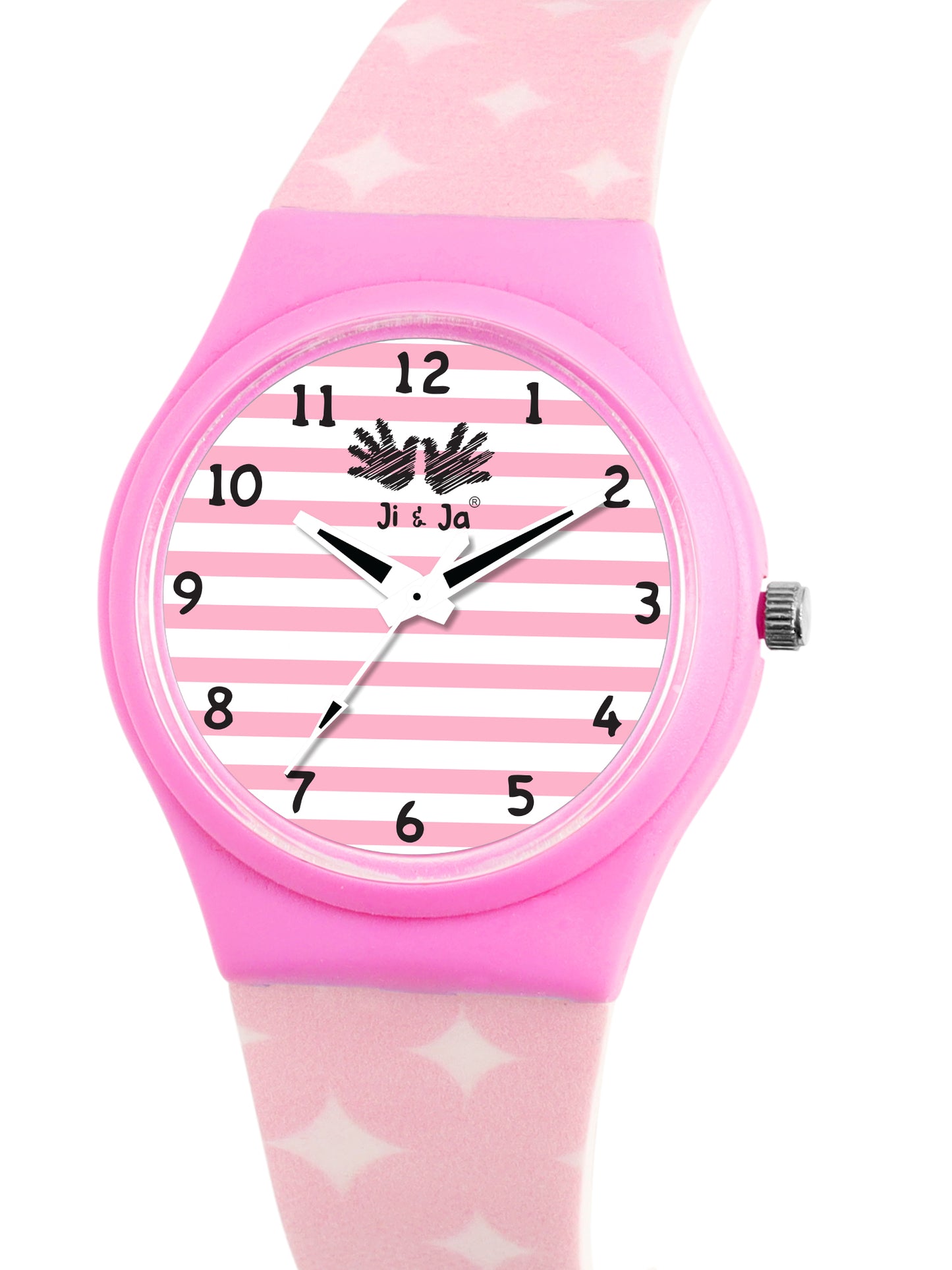 Kids’ White & Pink Striped Dial Analog Watch with Pink Case & Patterned Strap - JJ240