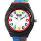 Kids’ White Dial Analog Watch with Black Case and Colorful Block Print Silicone Strap - JJ223