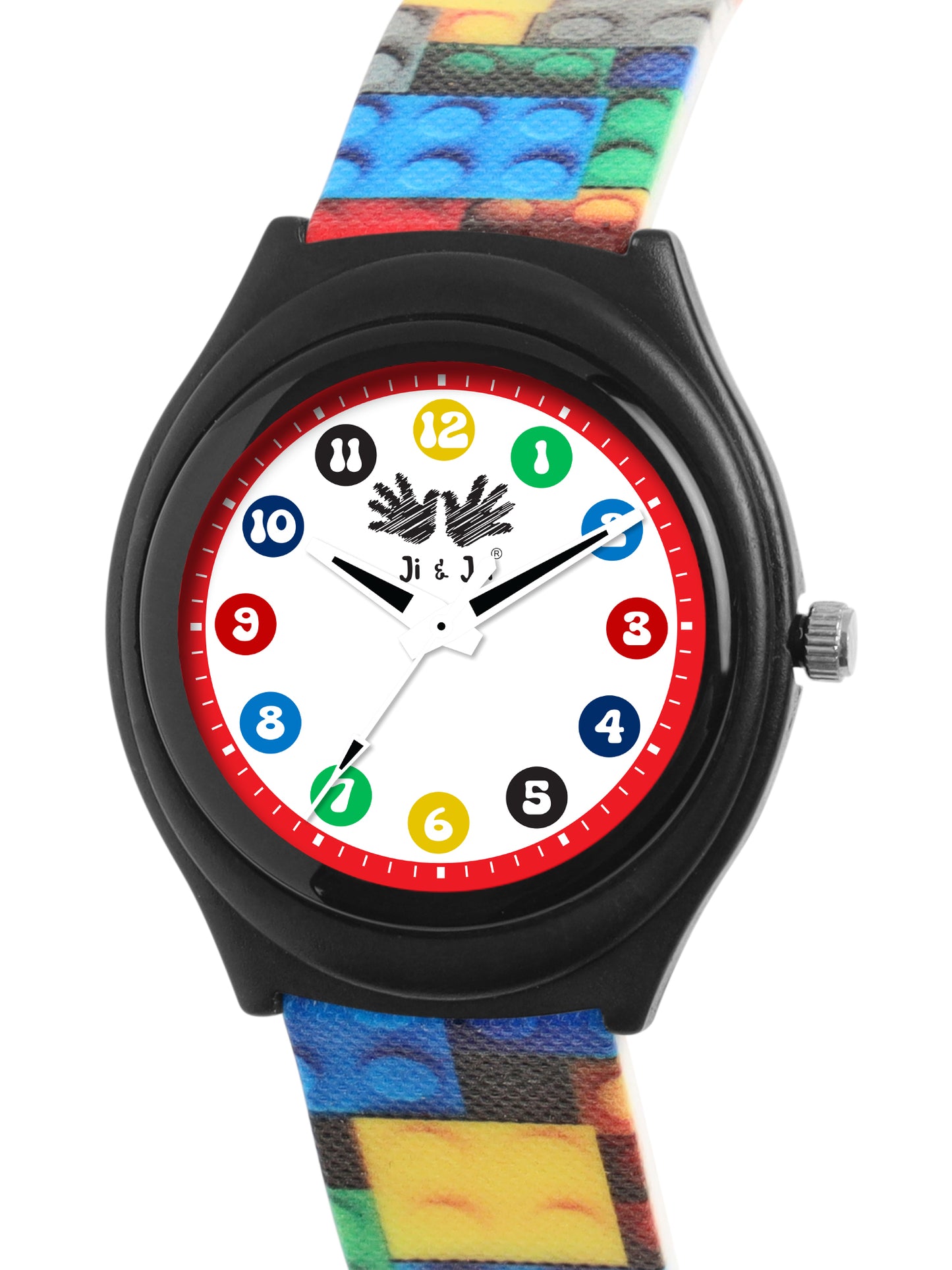 Kids’ White Dial Analog Watch with Black Case and Colorful Block Print Silicone Strap - JJ223