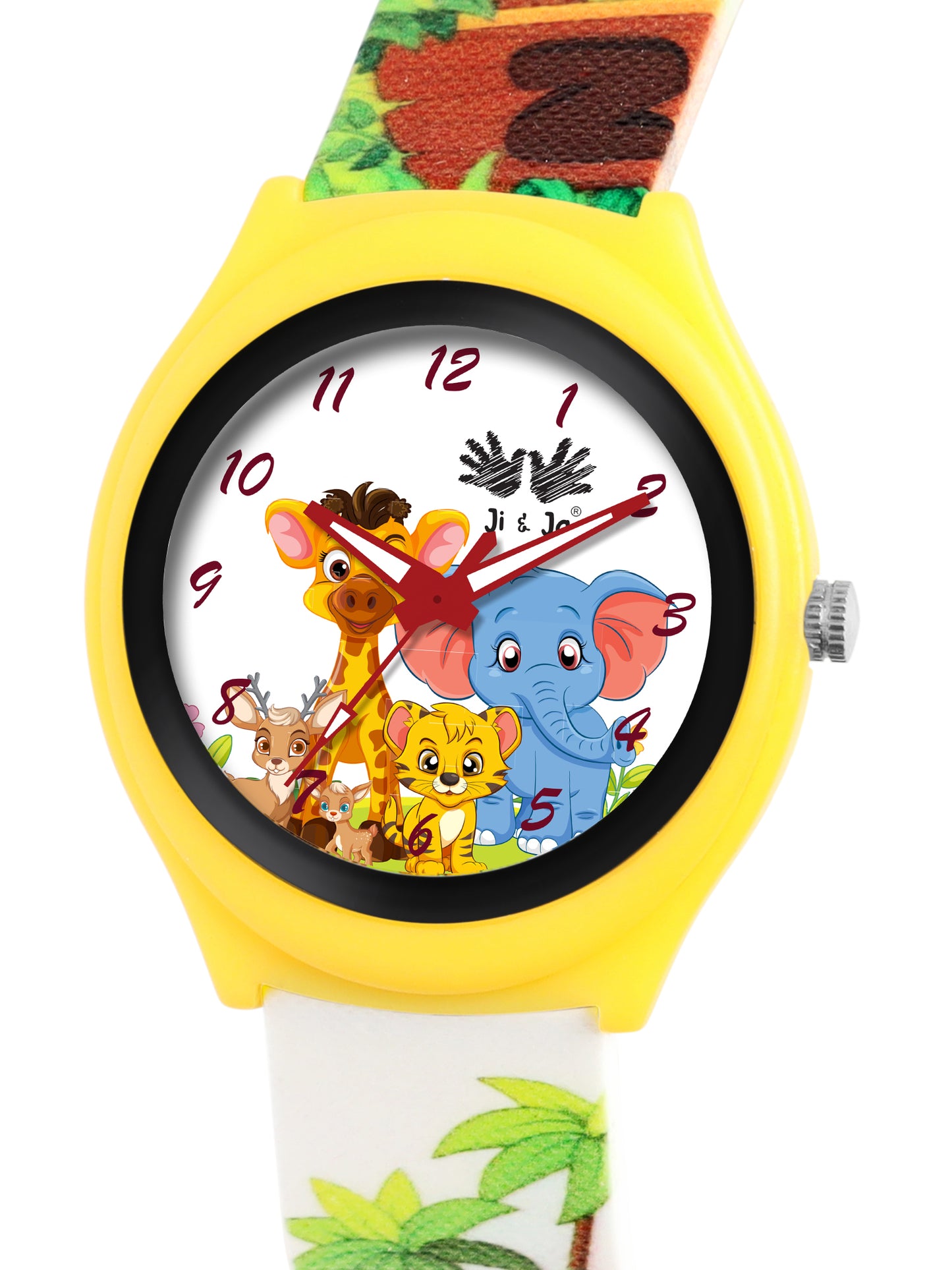 Kids’ White Dial Analog Watch with Jungle Cartoon Silicone Strap & Yellow Case - JJ220