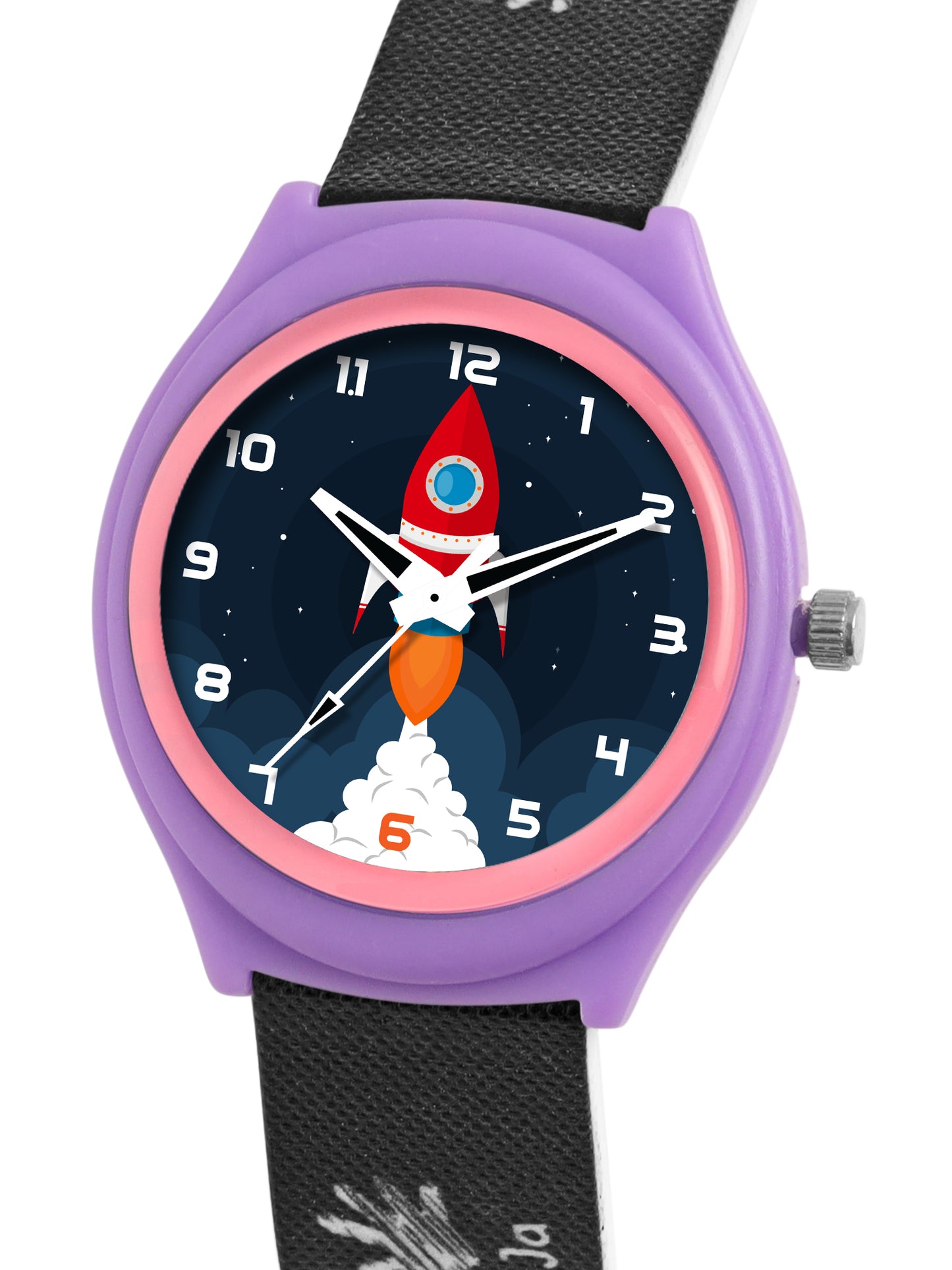 Kid’s Rocket Graphic Dial Analog Watch with Purple Case & Black Silicone Strap - JJ232