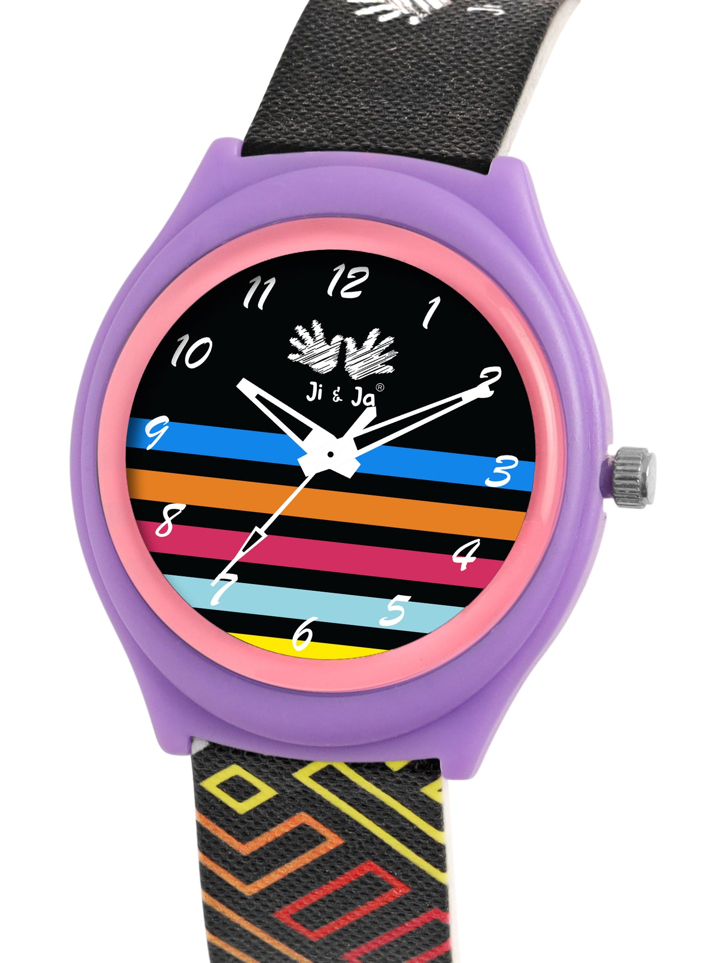 Kid’s Black Dial Analog Watch with Multicolor Stripes & Patterned Silicone Strap - JJ235