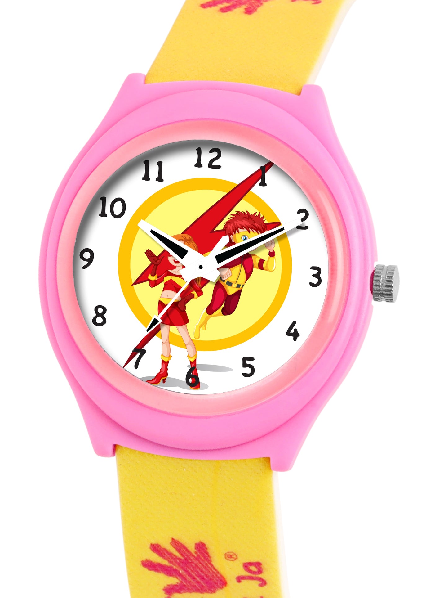 Kid’s White Dial Analog Watch with Pink Case & Yellow Printed Silicone Strap - JJ229