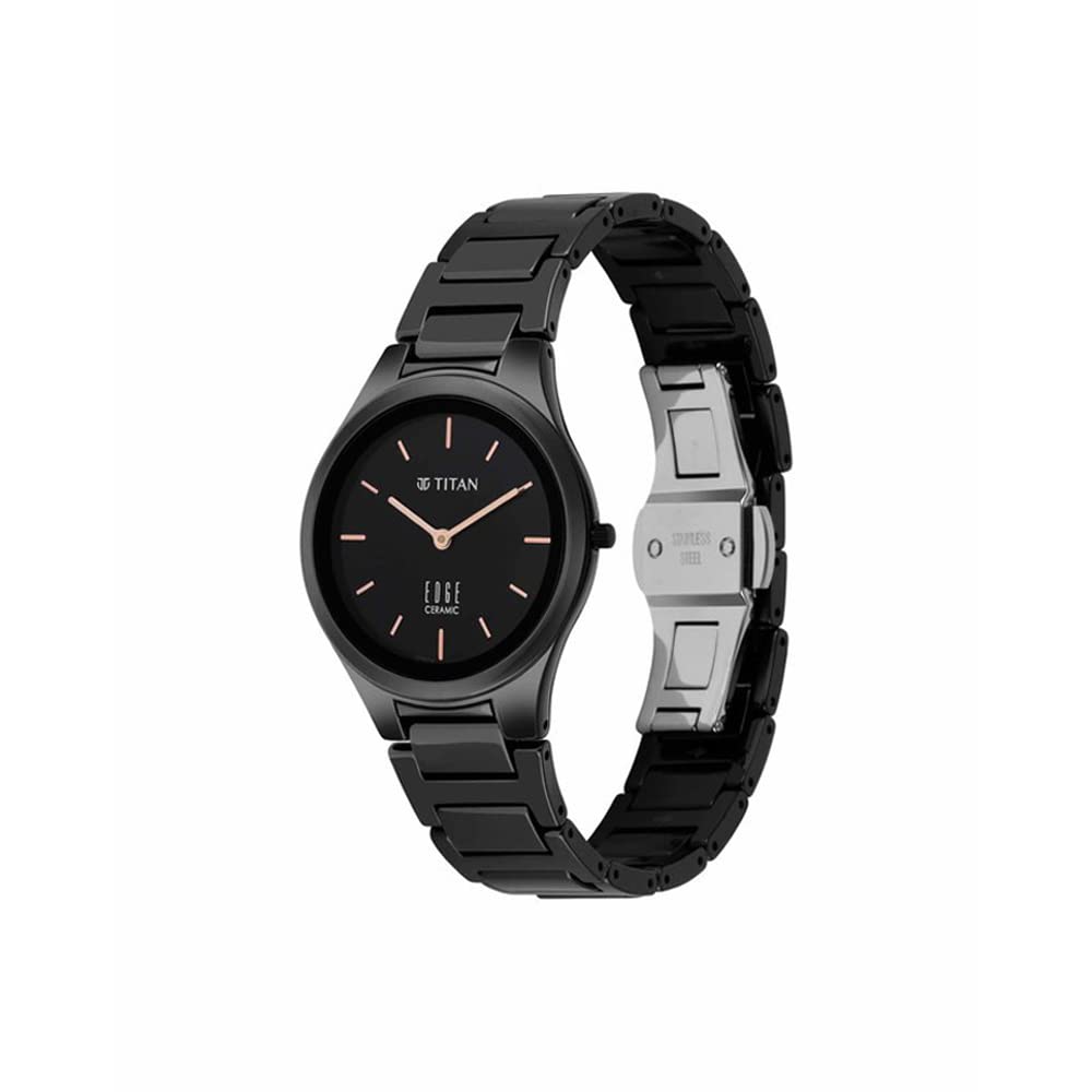 Analog Edge Ceramic Quartz in Glossy Black Dial Watch for Women, Band Color-Black