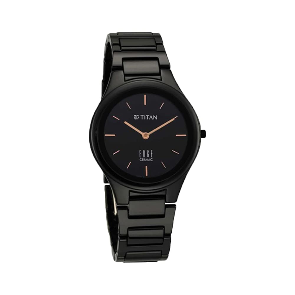 Analog Edge Ceramic Quartz in Glossy Black Dial Watch for Women, Band Color-Black