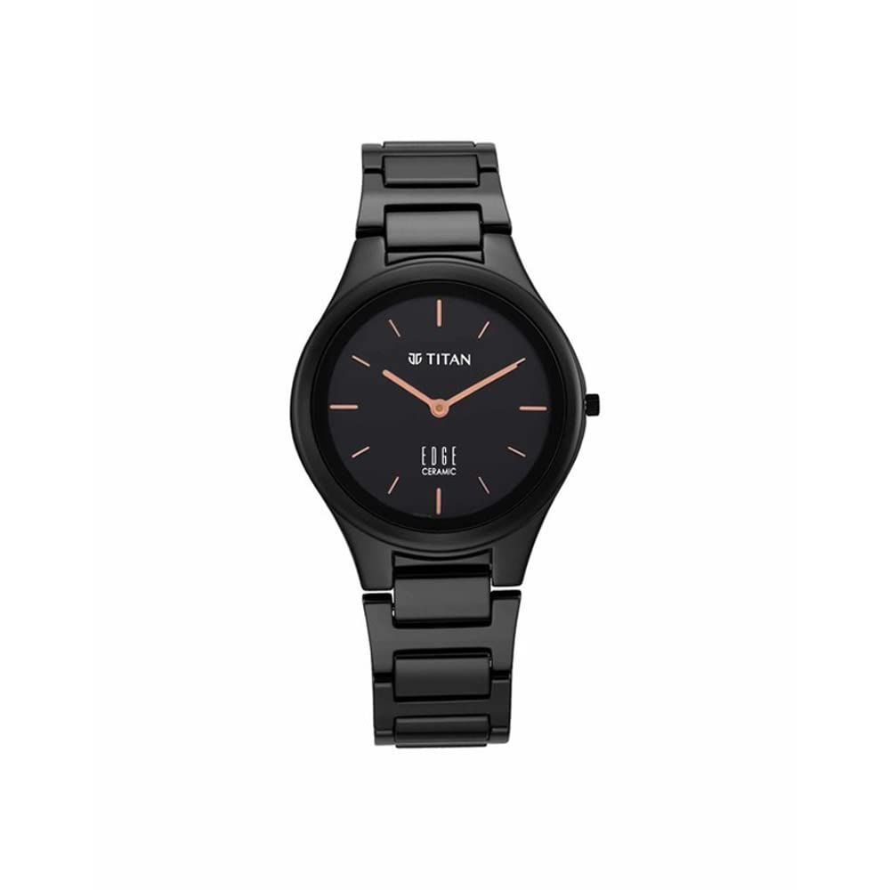 Analog Edge Ceramic Quartz in Glossy Black Dial Watch for Women, Band Color-Black