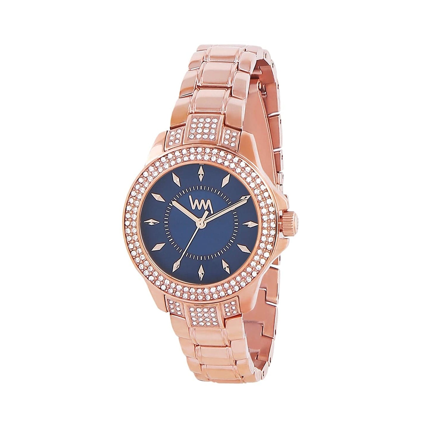 Women's Rose Gold Bling, Blue Dial, Rose Gold Diamond studded Solid Link Bracelet Watch LWWI106E