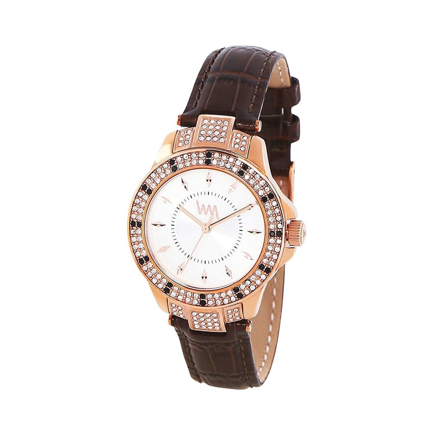 Women's Rose Gold Bling, White Dial, Brown Genuine Leather Strap Watch LWWI106B