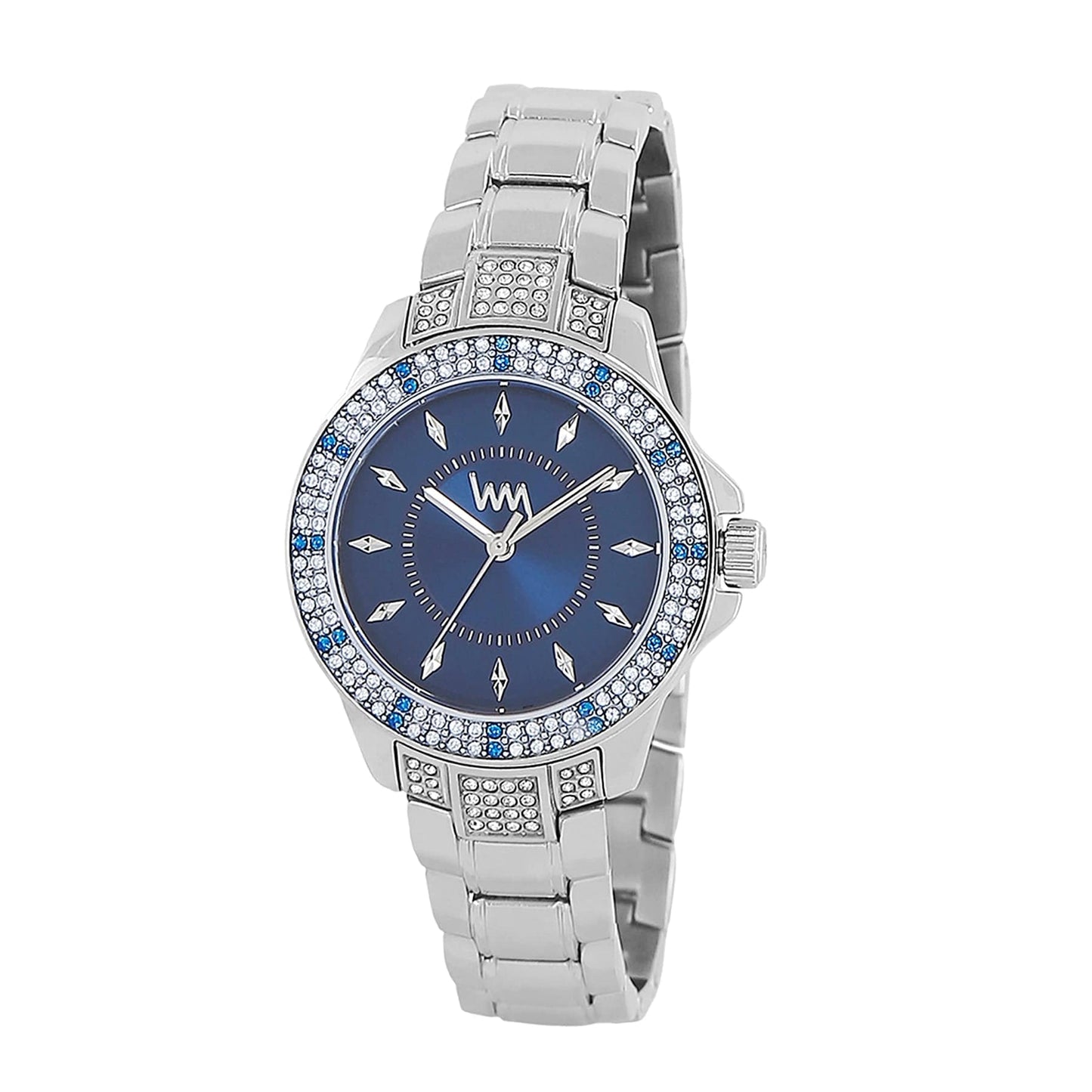 Women's Silver Bling, Blue Dial, Silver Diamond studded Solid Link Bracelet Watch  LWWI106C