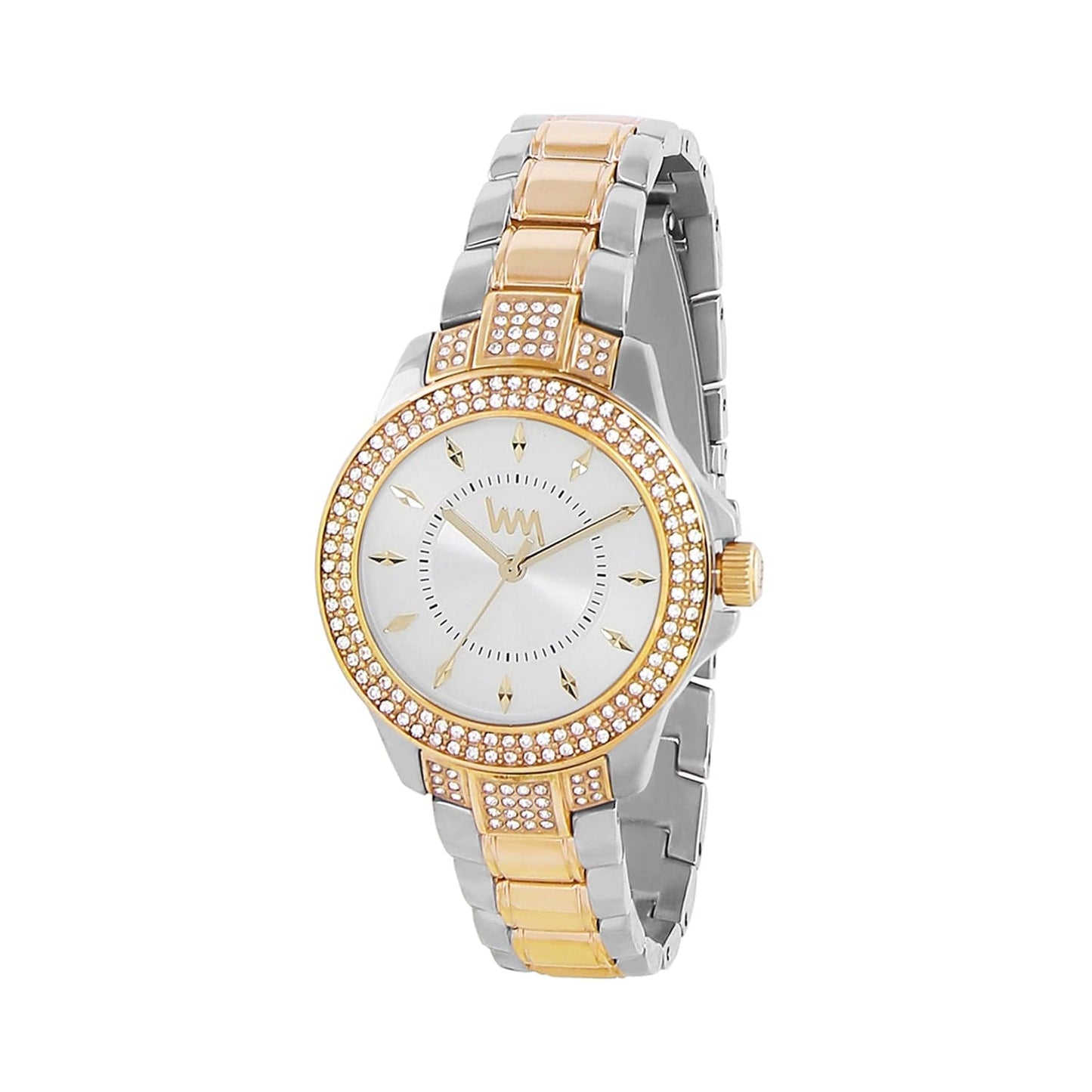 Women's Two Tone Gold Silver Bling, Silver Dial, Two Tone Gold Silver Diamond studded Solid Link Bracelet Watch LWWI106F