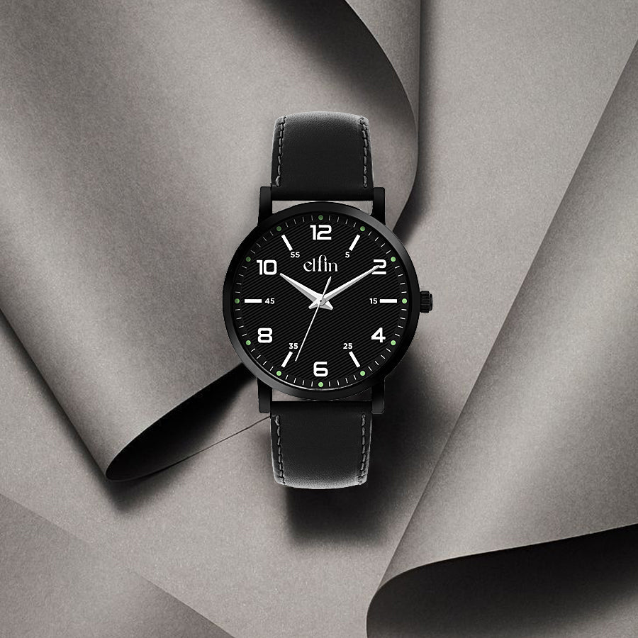 Sleek All Black Analog Black Leather Strap Watch for Men ELFM003B