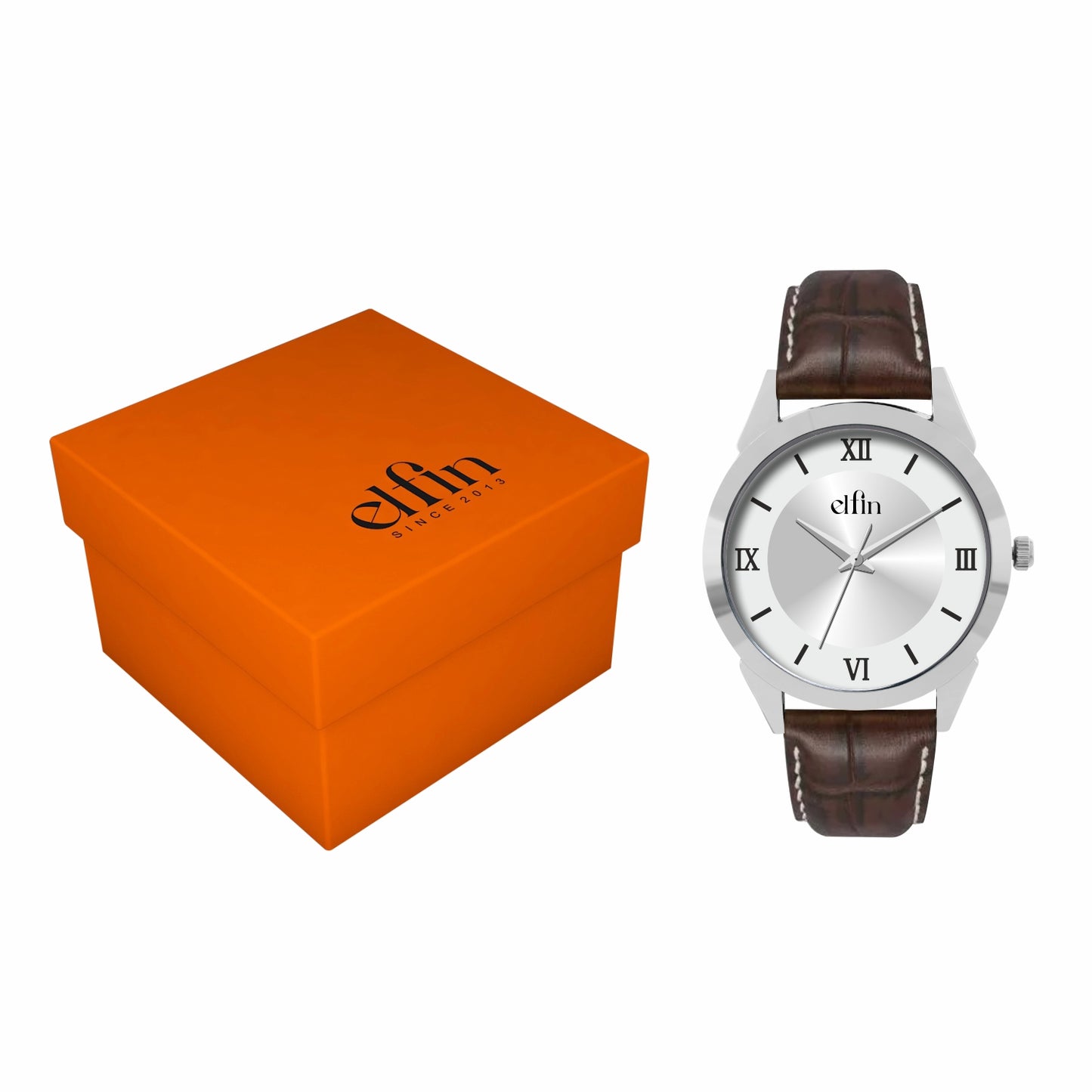Men’s Analog Watch – Silver Roman Dial with Brown Leather Strap - ELFM002B