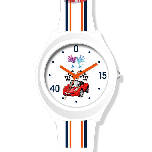 Kids Analog Watch Car Racing White Strap with White Dial And Smart Red Car