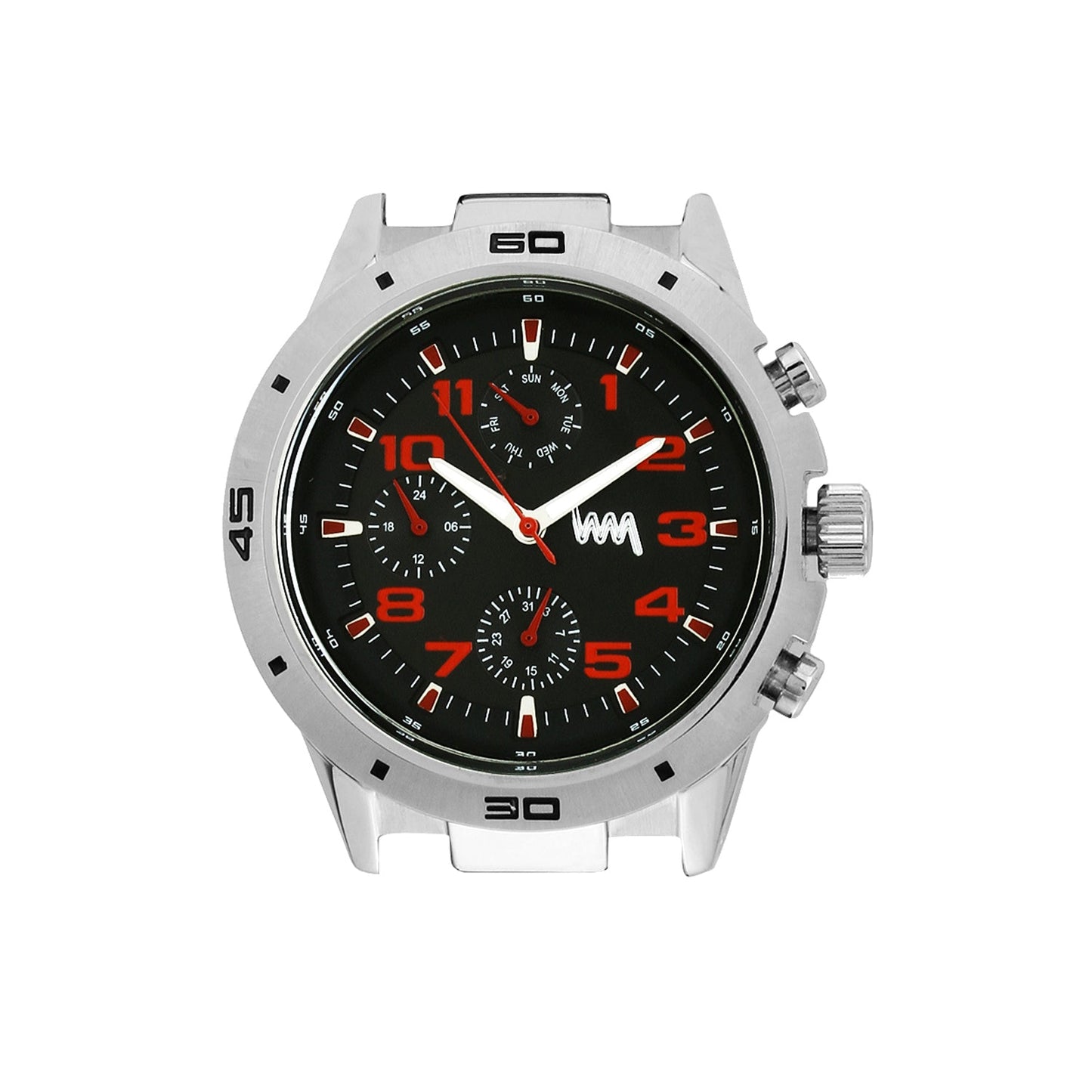 Men Multifunctional Silver Case, Black & Red Dial with Silver Stainless Steel Bracelet Watch LWM010002M