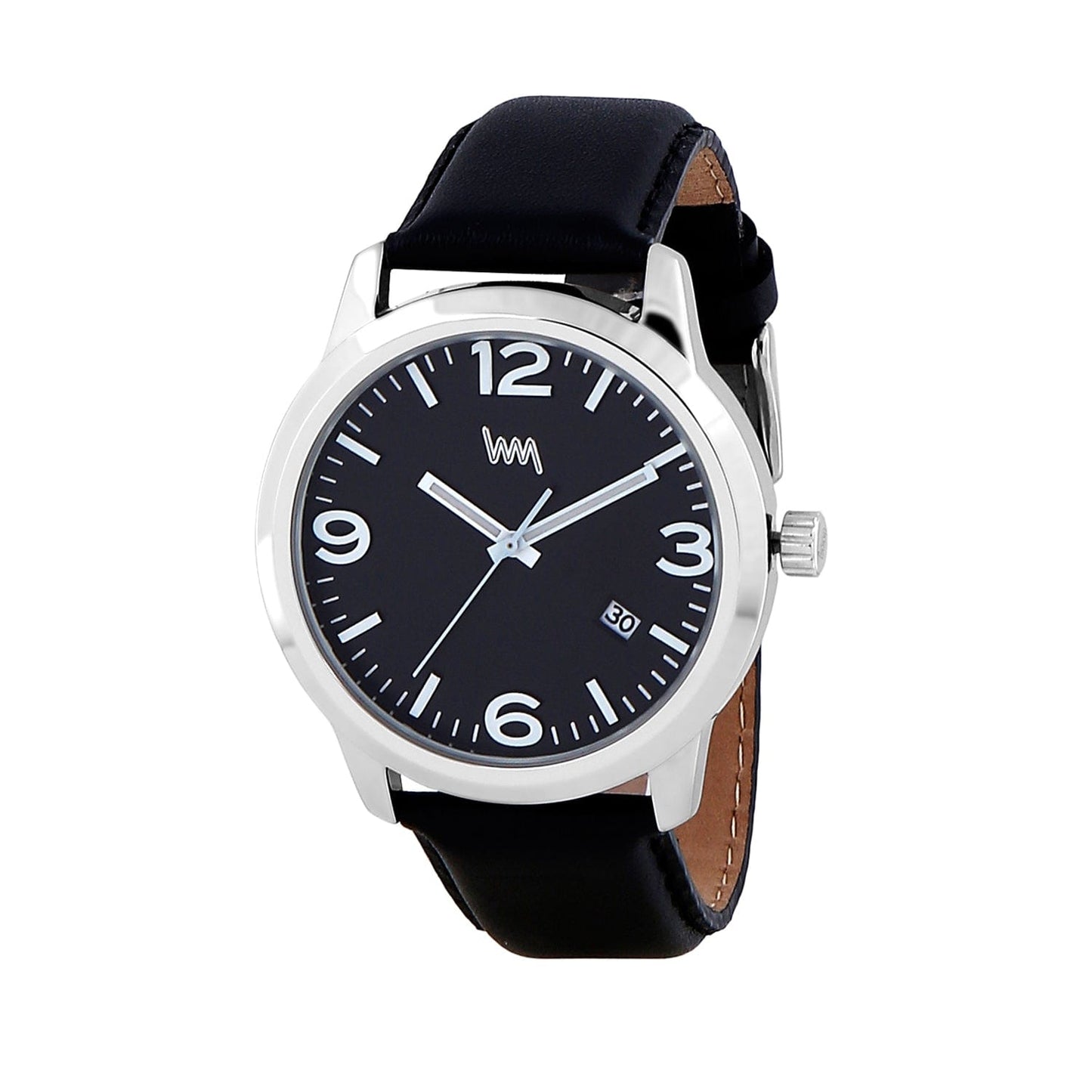 Men Silver Case, Black Dial, Black Leather Strap, Date Watch LWM141B