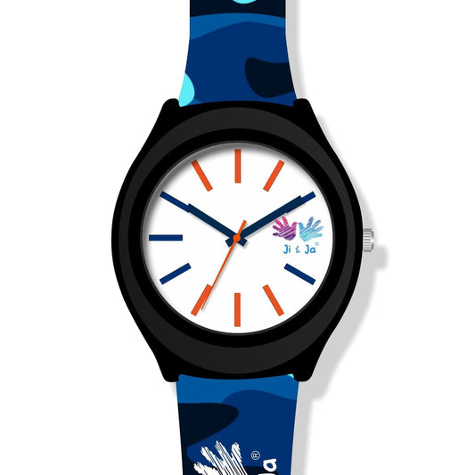 Kids Analog Watch Camouflage Blue Patch Strap with White Dial