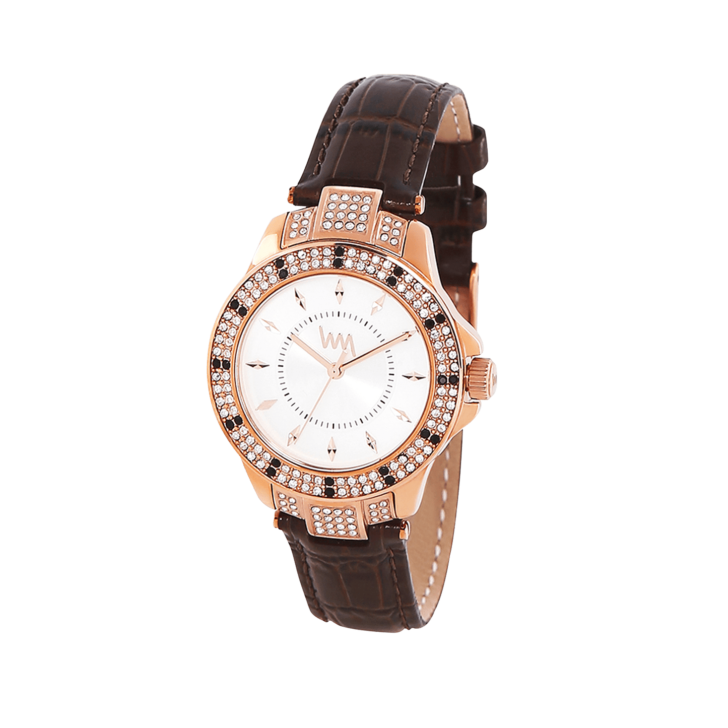 Women's Rose Gold Bling, White Dial, Brown Genuine Leather Strap Watch LWWI106B