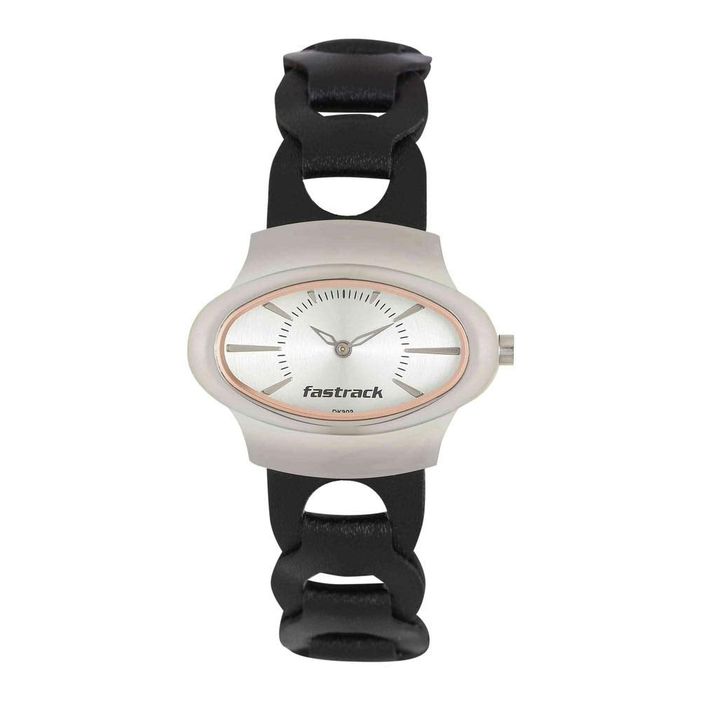 Analog Watch Women Leather Silver Dial -Np6004Sl08, Band Color-Black