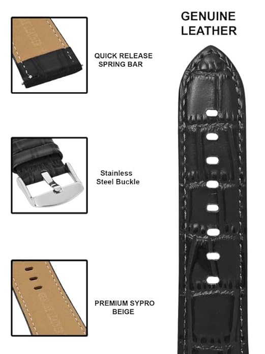 Quick Release 22 mm Black Croco Genuine Leather Strap for Analog & Smart Watches