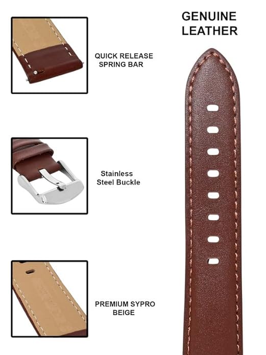 Quick Release 22 mm Brown Genuine Leather Strap for Analog & Smart Watches