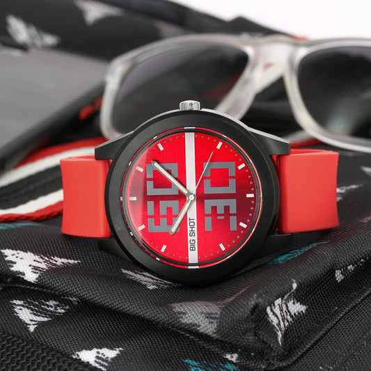Men’s Bold Red Dial Analog Watch with Black Case & Red Strap - BSM020D