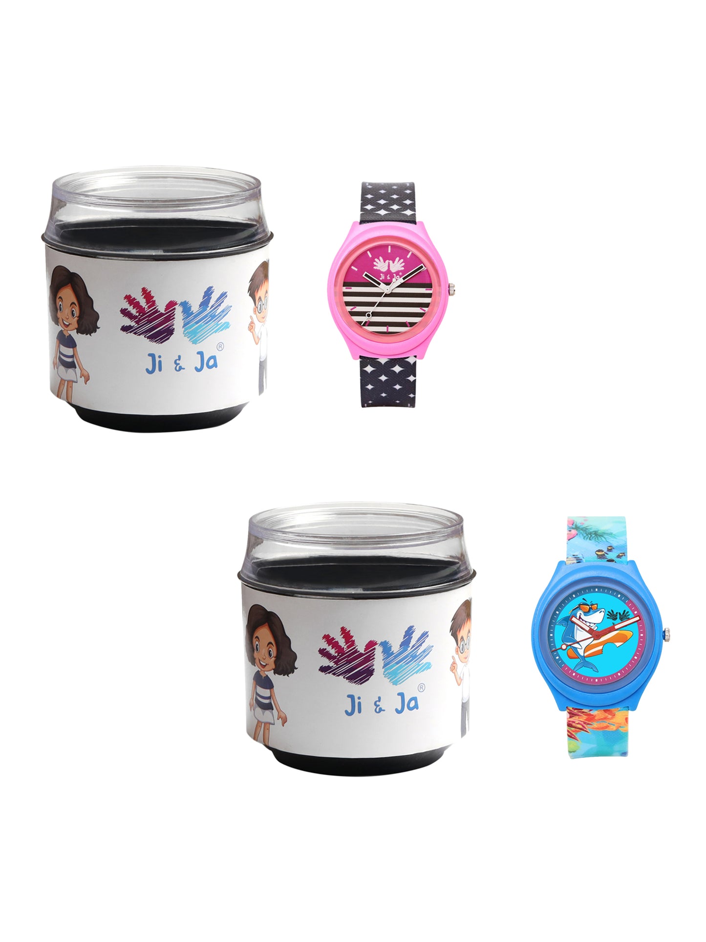 Kids’ Combo Pack Analog Watches – Pink Stripes Design & Shark Surf Cartoon Theme - JJ116102