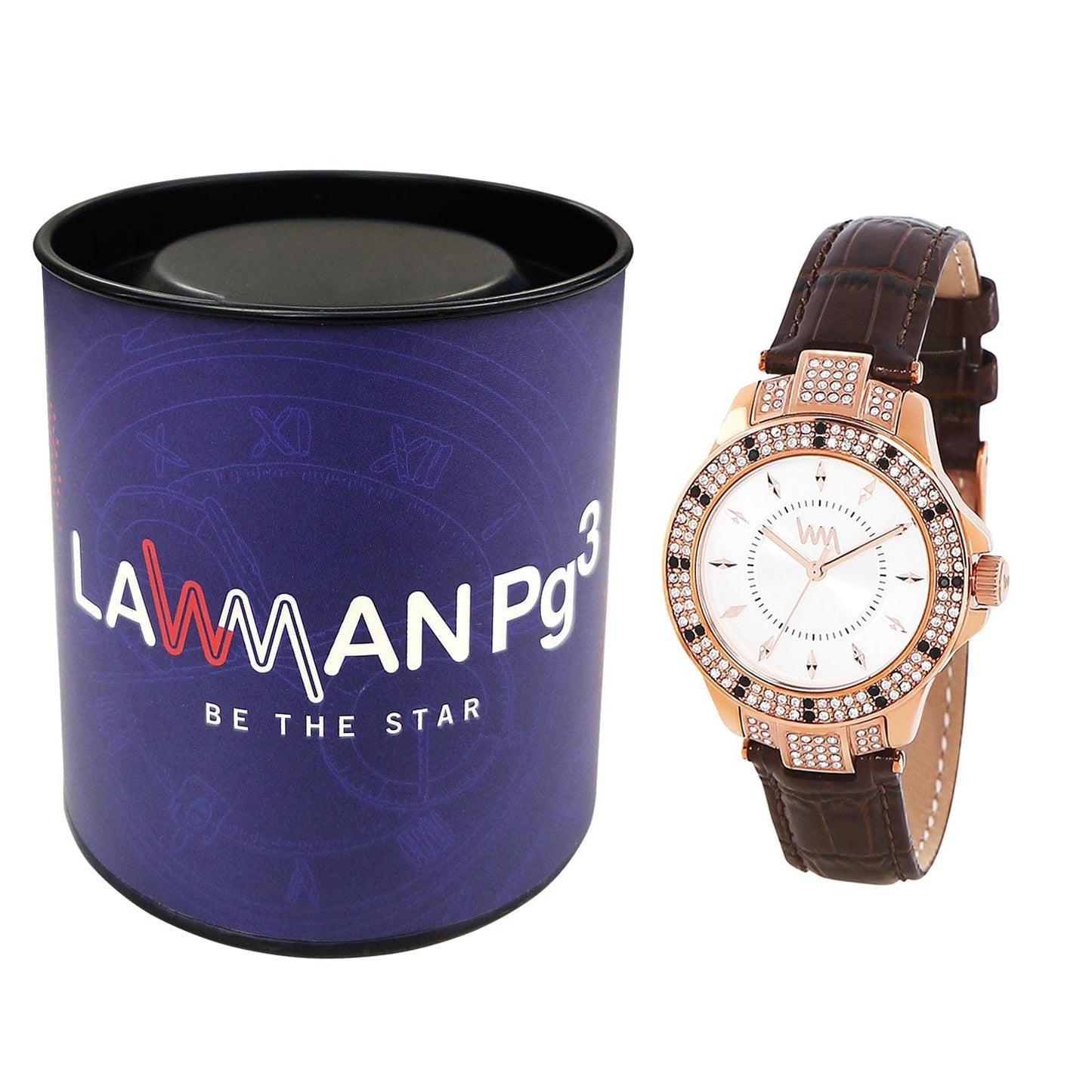 Women's Rose Gold Bling, White Dial, Brown Genuine Leather Strap Watch LWWI106B