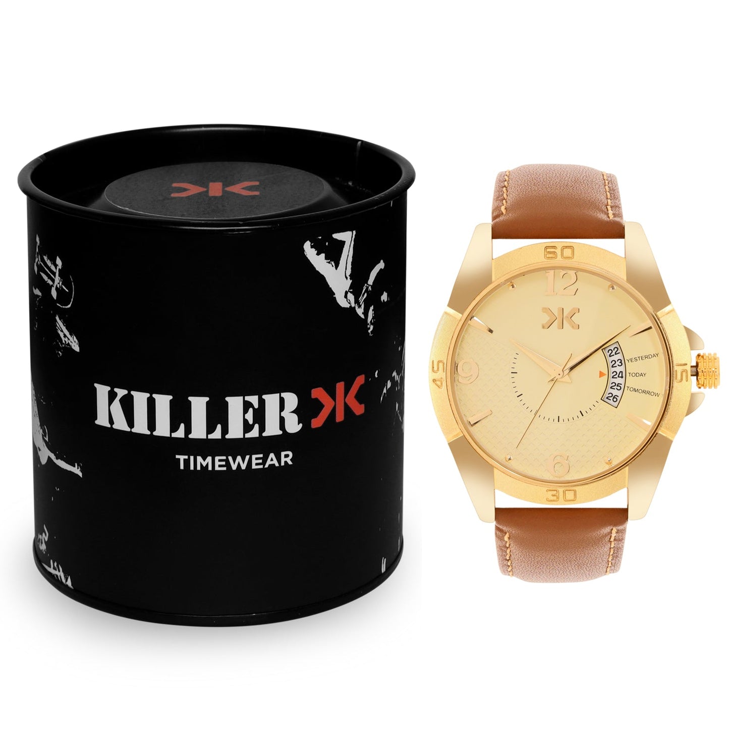 Men's Gold Case, Brown Leather Strap Date Watch KLMO104D