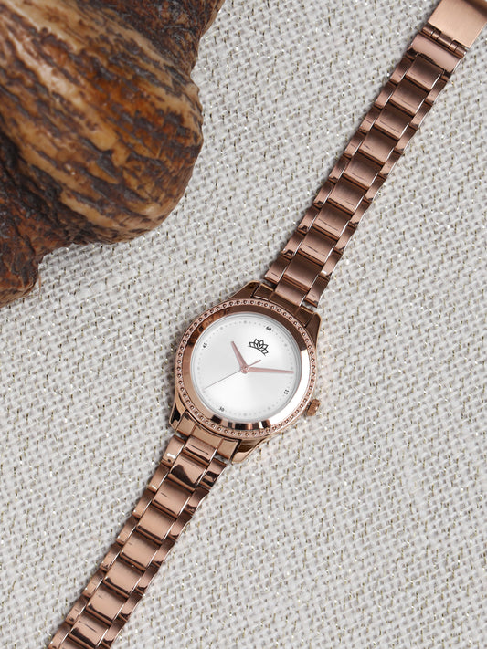 Women’s Rose Gold Bracelet Watch with Crystal Bezel & Silver Dial - D001F