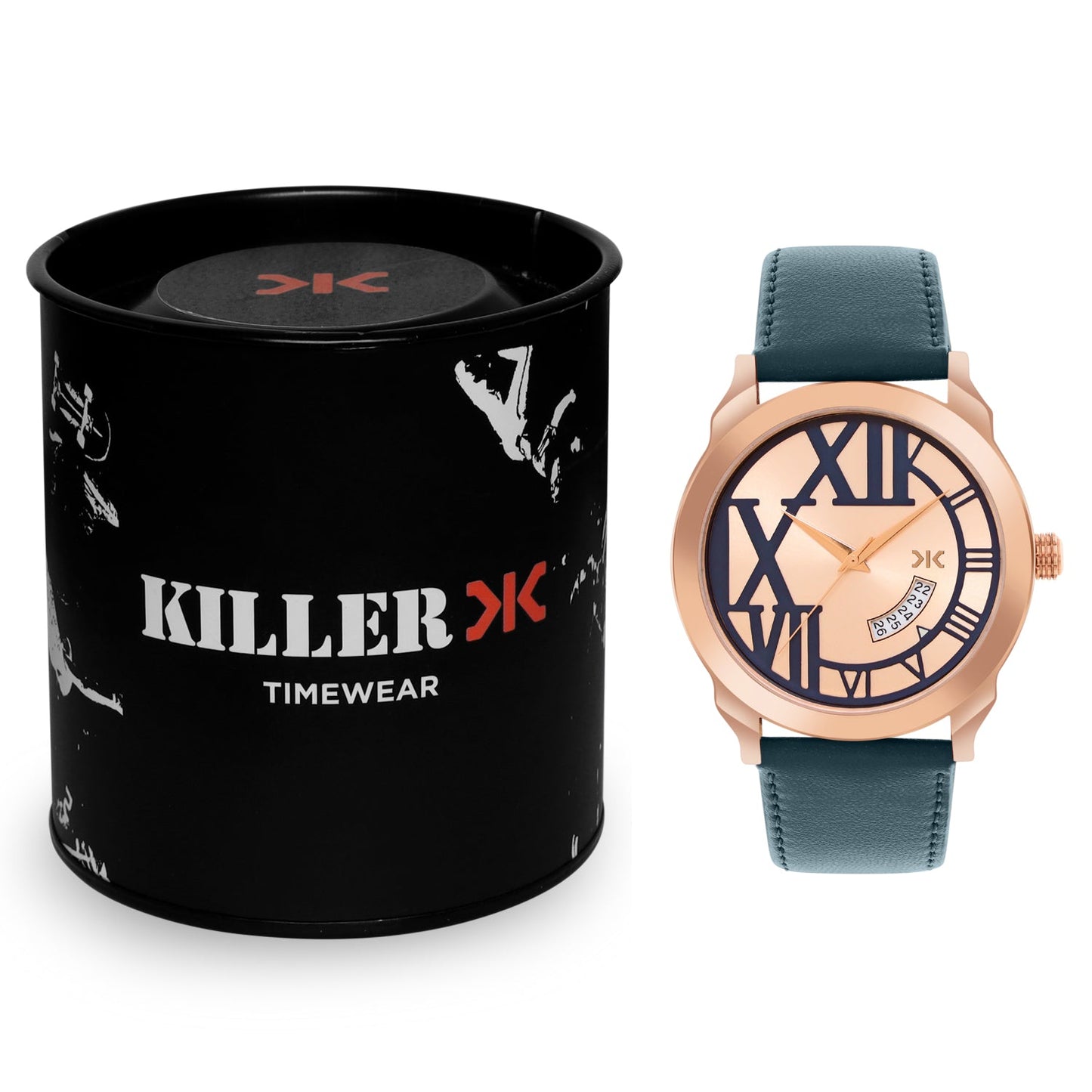 Men's Rose Gold Blue Leather Strap Date Watch KLMO80G