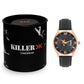 Men's Rose Gold Case, Black Skeleton Dial, Black Leather Strap, Date Watch KLMO103B