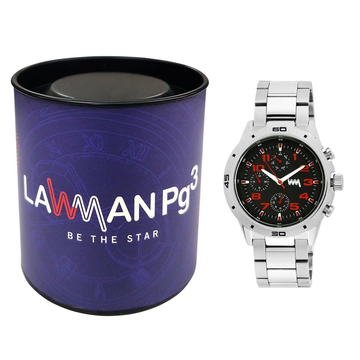 Men Multifunctional Silver Case, Black & Red Dial with Silver Stainless Steel Bracelet Watch LWM010002M