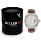 Men's Silver Case, Brown Leather Strap Date Watch KLMO104B
