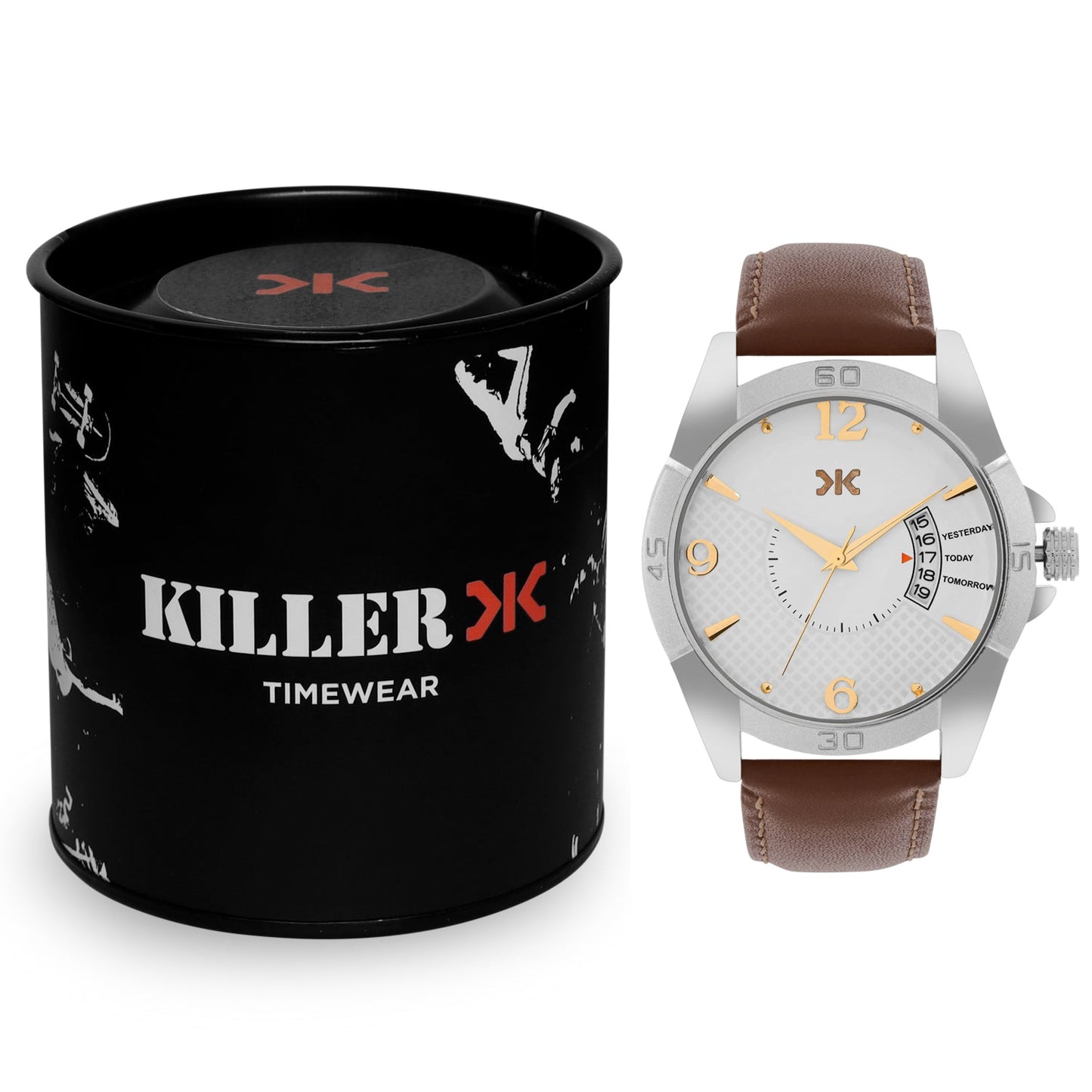 Men's Silver Case, Brown Leather Strap Date Watch KLMO104B