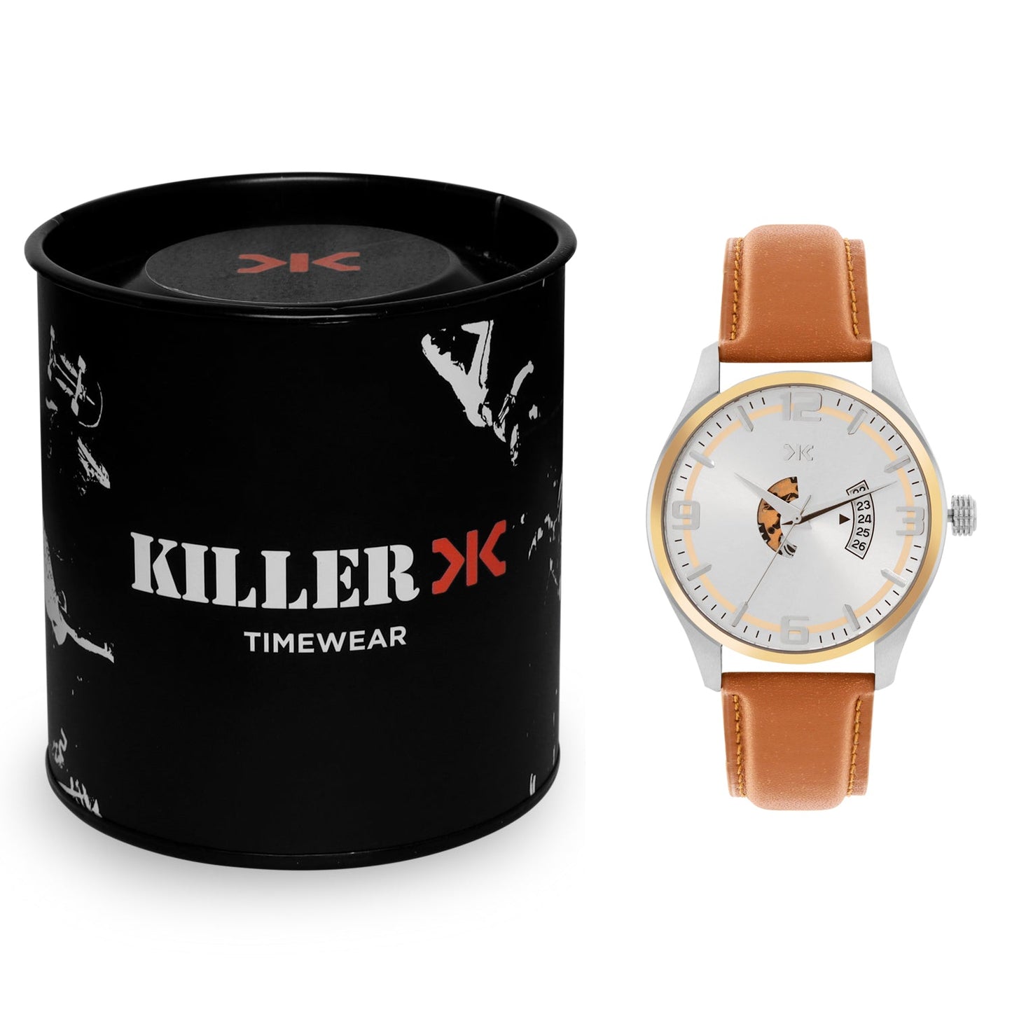 Men's Two-tone, Silver Skeleton Dial, Brown Leather Strap, Date Watch KLMO103D