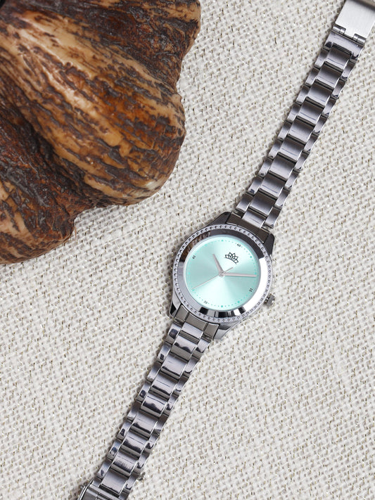Women’s Silver Bracelet Watch with Crystal Bezel & Green Sunray Dial - D001A