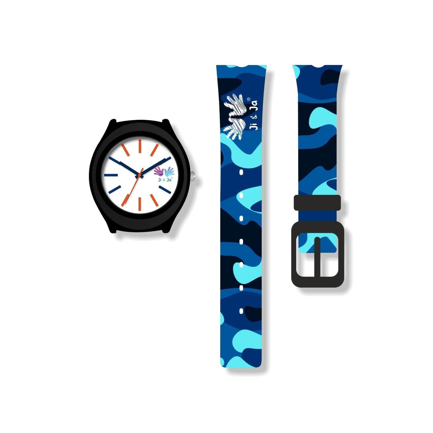 Kids Analog Watch Camouflage Blue Patch Strap with White Dial