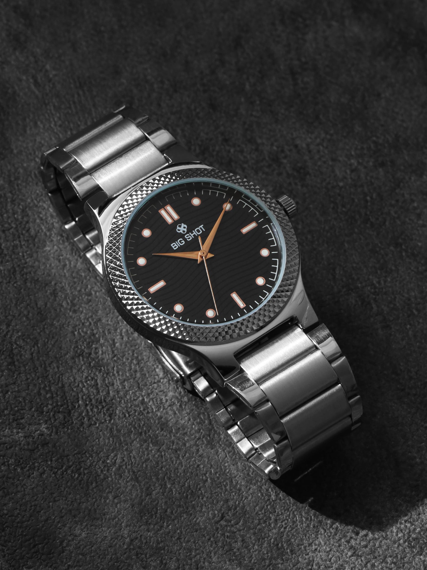 Men’s Black Textured Dial Analog Watch with Silver Stainless Steel Strap - BSM007B